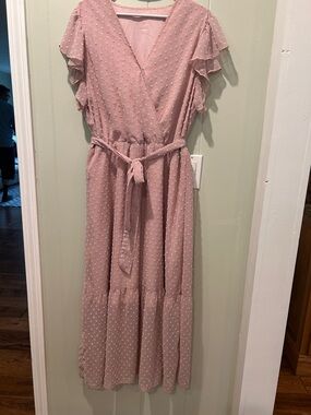 Pink Ruffle-Sleeve Wrap Maxi Dress - Lightweight Textured Fabric